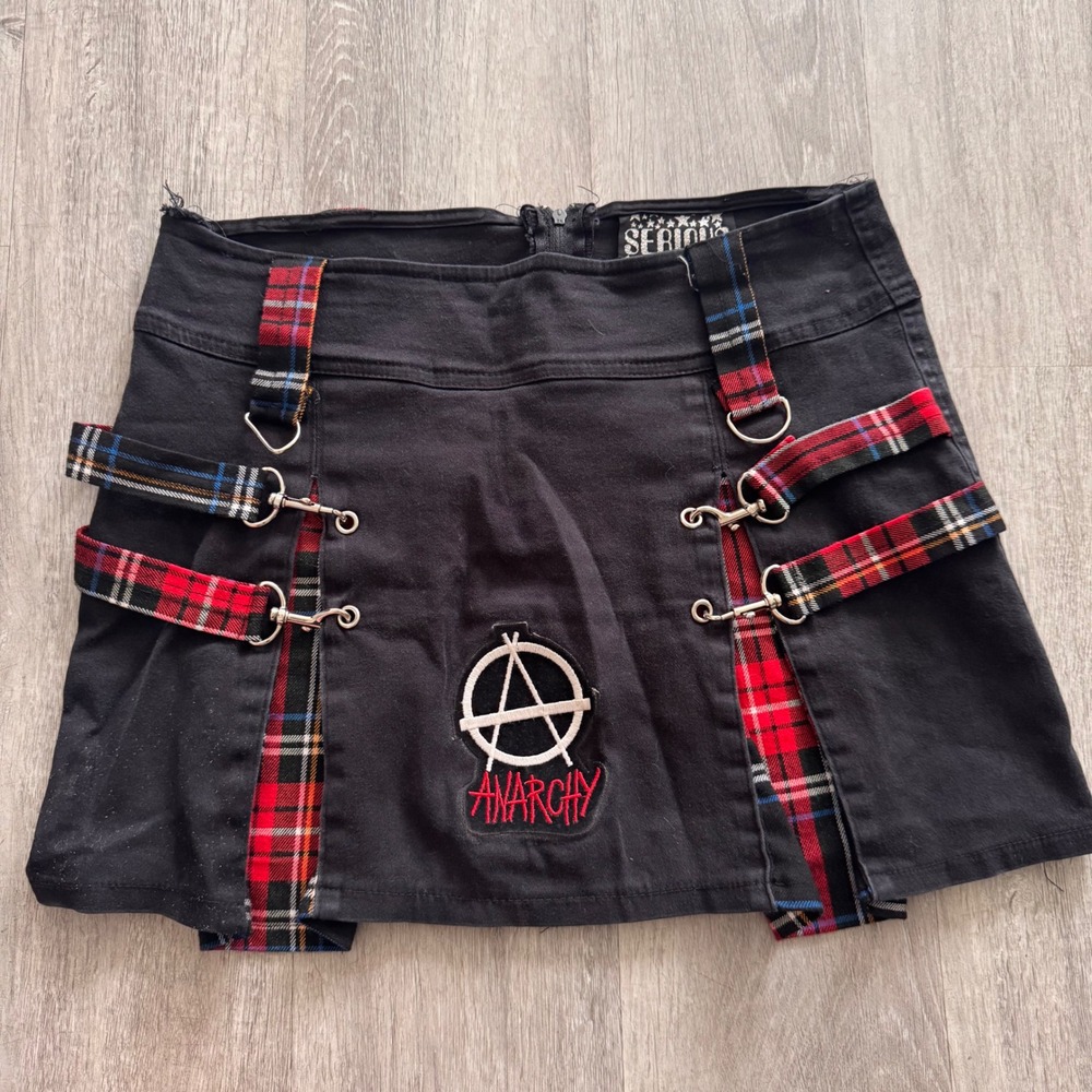 Serious Clothing Anarchy Mini Skirt Black Red Plaid Punk Mall Goth Y2K Vintage